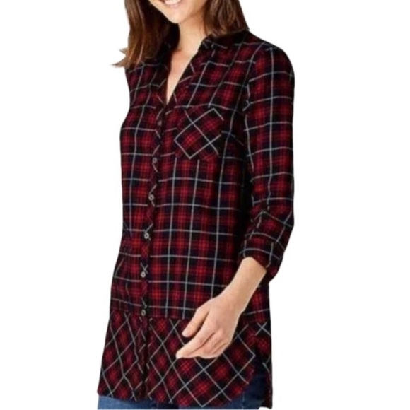 J‎ Jill Plaid flannel Button Up Tiered Tunic Blouse Red Black Medium - Picture 1 of 7